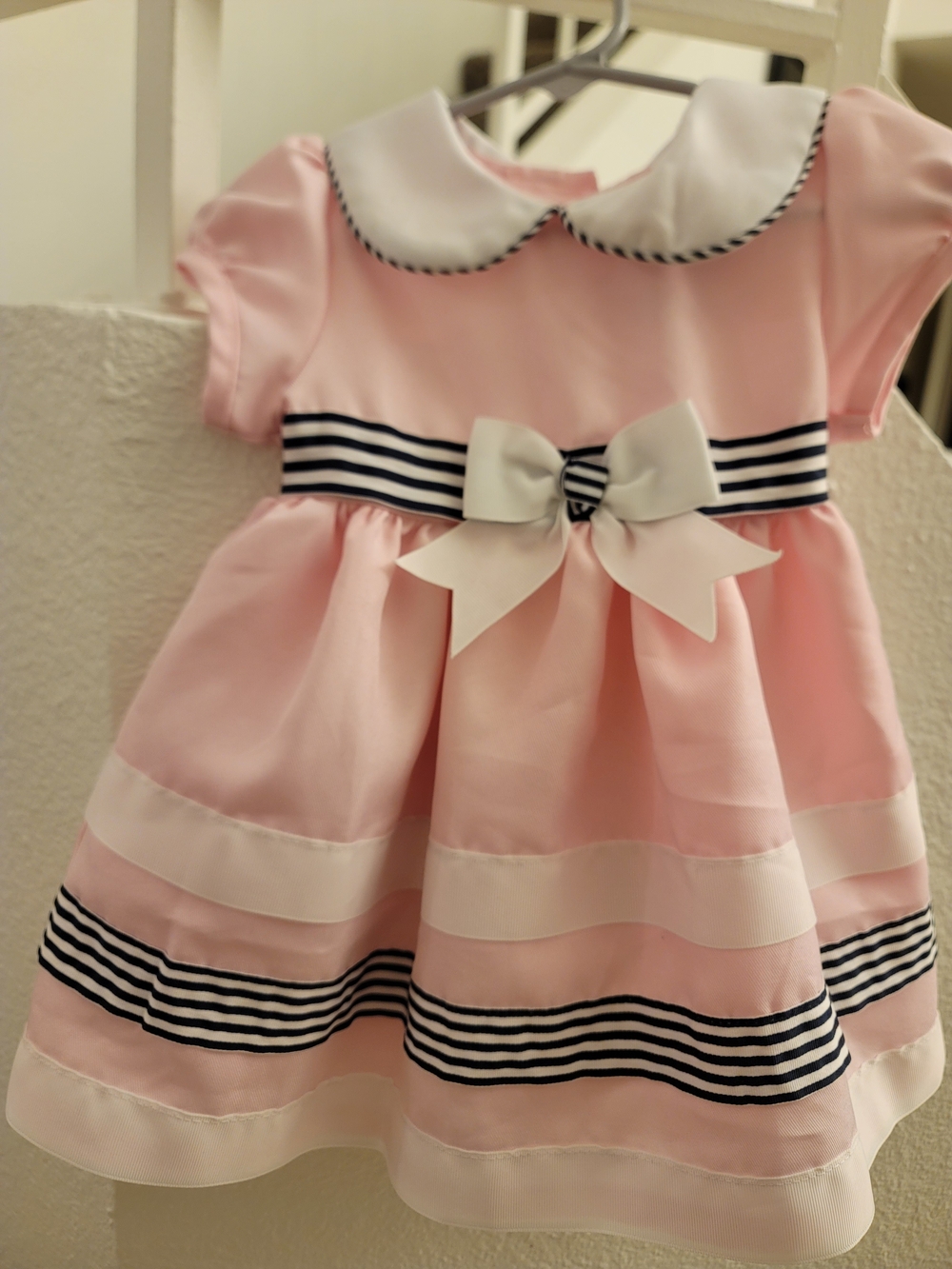 Rare Editions Pink Dress with White Bow and Navy Stripes